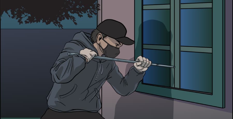 Illustration of burglar forcing entry through a window in Wilmington